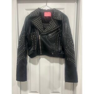 Azalea Wang Bellavita Black Studded Faux Leather Moto Jacket Womens Large